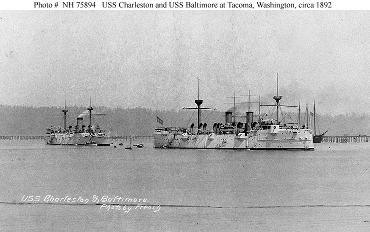 USS Charleston,piers,wharves,cruisers,docks,San Francisco harbor,California,1889